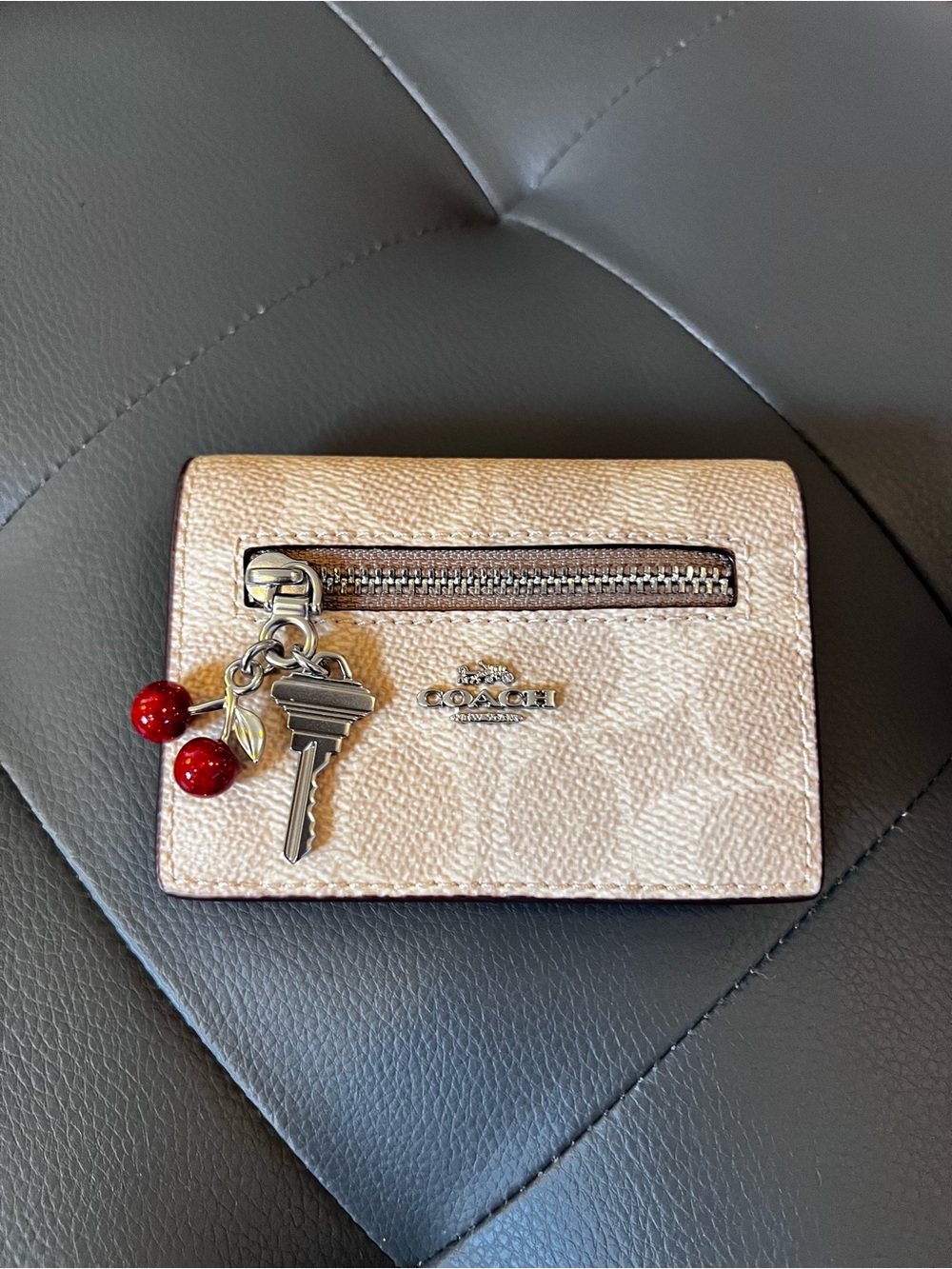 Coach Signature Canvas Card Case Wallet with Cherry Charm NWT CFX66